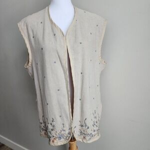 Floral Embroidered Linen Vest Womens XL Boho Cottagecore Lagenlook Layer Prairie